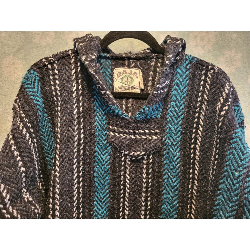 Baja Joe Pancho Mexican Blanket Lg Hoodie Surfer Teal Gray Hippie Drug Sweater